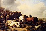 Eugene Verboeckhoven Horses And Sheep By The Coast painting